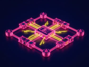 An intricate 3D system architecture wireframe diagram of a data center control plane, glowing neon pink and bright yellow vector lines on a deep navy grid, high-density technical typography, octane render