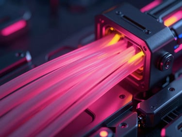 Extreme close-up of optical fiber cables glowing with neon pink light, woven through a dark metallic chassis, futuristic 3d render