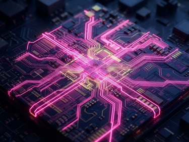 Extreme macro shot of a custom silicon processor, glowing neon pink laser lines etching architectural paths, deep navy background, octane render