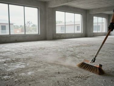 Post-construction commercial space with bare concrete floors being swept clean, construction dust settling, overcast daylight through large unfinished windows, a worker's gloved hand visible at frame edge