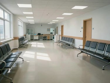Wide environmental shot of an empty medical waiting area, spotless hard floors and seating under north-facing daylight, clinical lighting, no people present