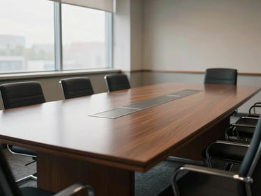 Wide environmental shot of an empty corporate conference room, freshly cleaned — polished table reflecting soft north-facing window light, chairs aligned, no people, daylight only