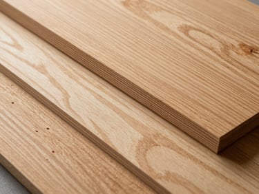 Overhead flat-lay of routed plywood and solid wood panels showing grain detail and precise profile cuts, studio strobe raking from the left to reveal texture and kerf edge quality