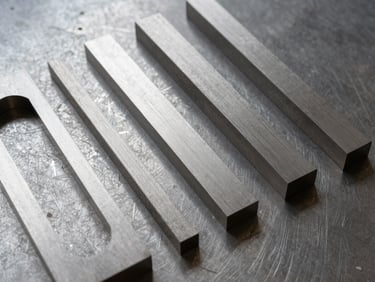 Overhead flat-lay of freshly laser-cut stainless steel parts arranged on a dark steel surface, raking side light revealing sharp cut edges and surface texture, varying thicknesses visible