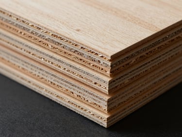 Overhead close-up of a stack of MDF and HMR board cross-sections under raking studio light, showing layered wood fiber core and smooth surface, edge quality prominent