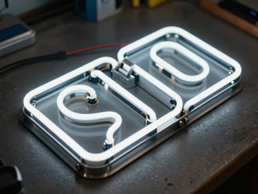 Overhead close-up of illuminated neon box letters on a dark workshop bench, raking side light revealing the acrylic face and metal housing edges, cables visible at the rear