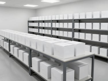 A high-end, organized fulfillment center with neatly arranged boxes and structured sorting tables under bright, neutral daylight.