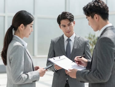 Clean corporate photography of professional business partners reviewing a physical compliance document, bright daylight, slate gray tones.