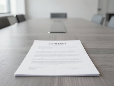 A pristine corporate meeting room with slate gray tones and daylight, focusing closely on a clean, structured contract document on a wooden table.