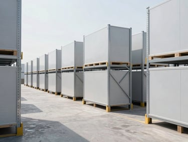 A bright, modern logistics warehouse with high-clarity daylight, clean concrete floors, and organized storage racks, showcasing professional structure.