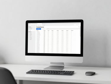 Clean corporate photography of a professional office workspace with a minimalist monitor showing compliance data, sharp focus.