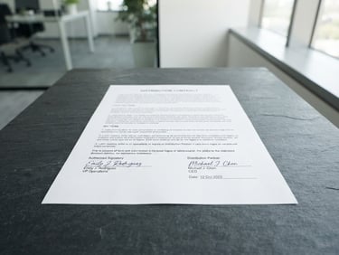 Clean corporate photography of a signed distribution contract on a minimalist slate desk, bright neutral daylight, sharp architectural focus.