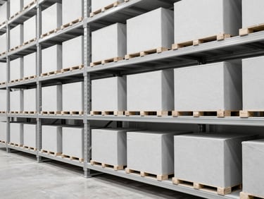 Clean corporate photography of an organized modern logistics warehouse with structured shelving, bright neutral daylight, slate gray tones.