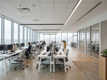 A bright, clean corporate office in neutral daylight with organized architectural lines, focusing on structured workspaces and professional order.