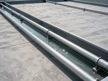 Overhead documentary shot of clean commercial gutters on a flat-roof warehouse, no debris, clear water flow visible, bright daylight, no people, industrial context