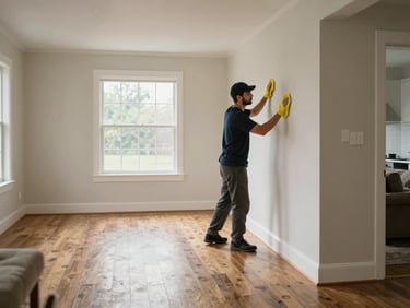 Wide interior shot of a bright Maryland home living room, cleaning professional wiping baseboards in the background, surfaces visibly clean and organized, clear natural window light, no clutter, documentary framing