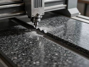 Close-up of a CNC edge-routing machine cutting a precise ogee profile into a dark granite slab, stone dust visible mid-air, workshop overhead lighting casting sharp shadows across the slab surface