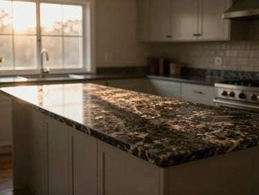 Wide environmental shot of a finished kitchen with a dark granite countertop running the length of a wall, golden-hour side-light streaming through a window and catching the slab surface's grain, no people, real residential kitchen not a styled set