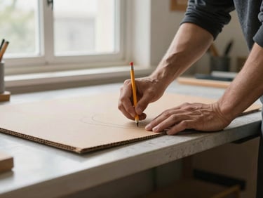 Waist-to-hand framing of a fabricator pressing a cardboard template against a kitchen counter edge, pencil marks visible, north-facing window light, workshop setting, no face shown