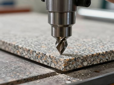 Close-up of a CNC edge-routing bit shaping a granite slab edge, stone dust visible in the air, workshop fluorescent and daylight mix, sharp mechanical detail