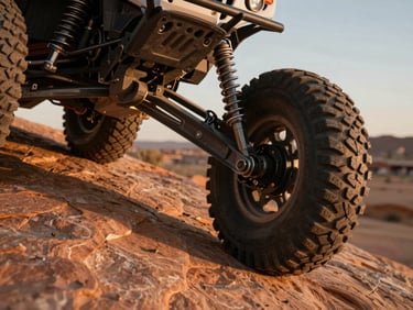 Tight mechanical detail of a rugged SxS heavy-duty suspension arm and knobby tire tread gripping slickrock, high-contrast warm earth tones.