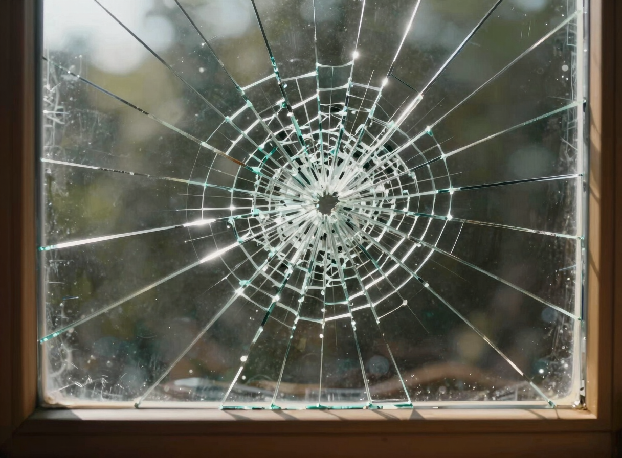 Cracked single-pane window glass from the inside, fracture lines radiating from a central impact point, natural outdoor light visible through the break, wooden frame in foreground