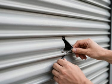 Tight shot of a jammed aluminium rolling shutter slat buckled out of its guide rail, exterior daylight, hands gripping the rail to assess the fault