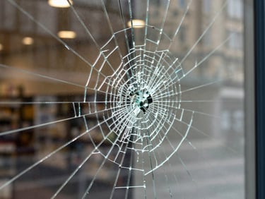 Close-up of a cracked shop-front glass pane with a spider fracture pattern, interior light behind the glass showing the break depth, natural daylight from the street