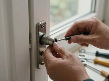 Close-up of a locksmith's hands working a cylinder lock mechanism on a metal door, tools visible on the surface beside it, natural daylight from a nearby window