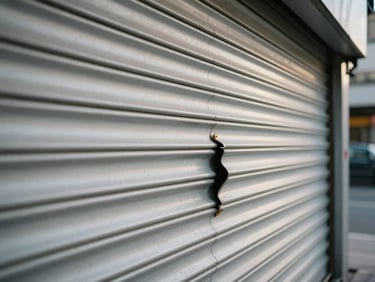 A half-open metal rolling shutter on a shopfront, one slat visibly bent and jammed mid-track, morning daylight on the aluminium surface, street context visible in background