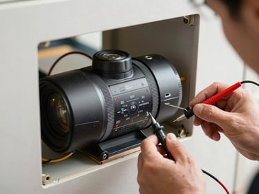 Tight framing on a rolling shutter motor unit mounted inside a wall casing, wiring exposed mid-repair, natural daylight through the opening, hands holding a multimeter probe
