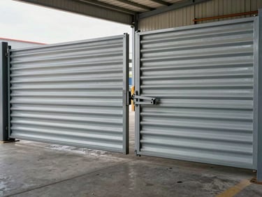 Wide shot of a corrugated metal commercial gate half-open with a broken locking bar visible, concrete floor, ambient industrial daylight from a loading bay