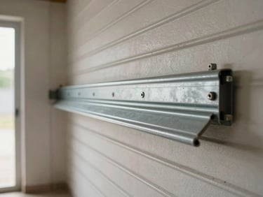 Side view of a metal shutter guide rail pulled away from the wall, fixings loose, shutter tablier sagging at an angle, site conditions with natural light from doorway
