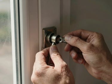 Close-up of a locksmith's hands removing a cylinder from a front door lock, worn tool visible, natural daylight from a nearby window casting sharp shadows on the metal faceplate
