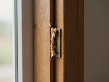 Close-up of a wooden door frame with a split jamb where the strike plate has pulled away, raw wood fibres visible, natural window light from the left