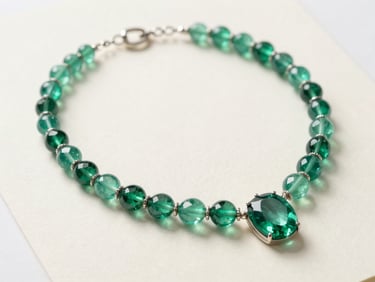 An elegant gouache jewelry painting of an emerald necklace on cream paper, soft studio lighting, extreme close-up of brushstrokes, minimalist white backdrop