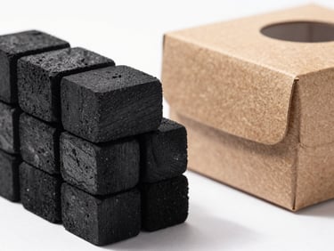 Macro studio shot of perfectly geometric black charcoal briquettes stacked neatly next to a minimal kraft paper master carton, high-contrast shadows, clean white background.