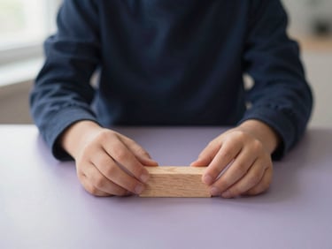 A child's hands gently placing a wooden block on a table, viewed from above, suggesting focused activity and assessment, in a calm, neutral environment, soft natural window light, muted navy and slate-lilac tones, shallow depth of field, 35mm