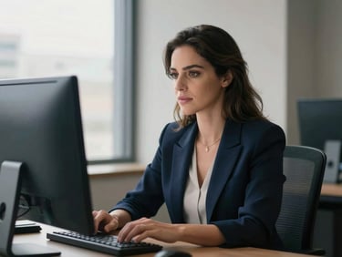 A professional woman (Elane Sampaio) in a modern, quiet office setting, looking confidently at a computer screen, suggesting professional guidance and expertise, soft natural window light, muted navy and slate-lilac tones, shallow depth of field, 35mm