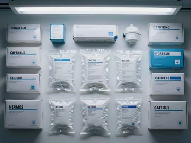 Overhead flat-lay of sterile medical device packaging, sealed diagnostic kits, and labeled equipment boxes arranged by category on a white surface under cool fluorescent light