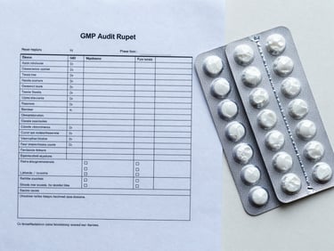 Overhead flat-lay of a GMP audit report document beside a row of sealed pharmaceutical blister packs on a white surface, printed text and checkboxes visible, cool fluorescent lighting, no people