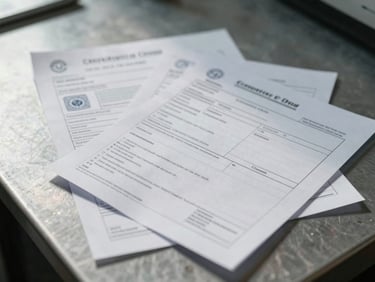 Close-up of export documentation spread — customs declaration forms, certificate of origin, and shipping manifest stacked on a metal desk under overhead cool daylight, official stamps visible, no people
