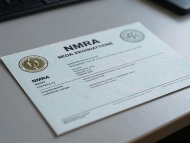 Extreme close-up of an NMRA regulatory registration certificate laid flat on a gray desk, official seal and reference number visible, cool even studio light, no people