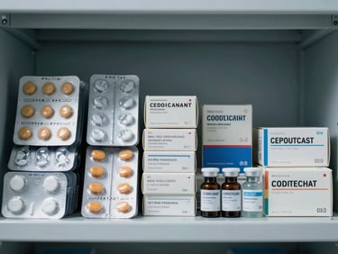 Overhead flat-lay of pharmaceutical blister packs, vials, and labeled medicine boxes stacked in rows on a cool gray shelf, cool daylight, clinical studio light