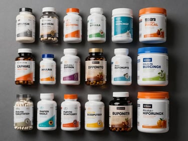Overhead flat-lay of supplement capsule bottles, powder sachets, and labeled nutrition containers arranged in rows on a gray surface under even cool studio light