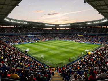 Dramatic high-angle view of a European football stadium under bright floodlights, vibrant crowd colors, cinematic atmosphere