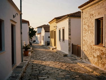 Sun-drenched narrow stone street in a quiet Greek village, soft golden-hour shadows, cinematic travel photography