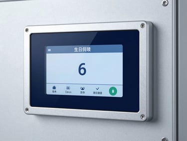 Sleek marine approved touch panel PC with robust aluminum bezel, clinical light-gray metallic background, cold bright studio lighting, sharp focus