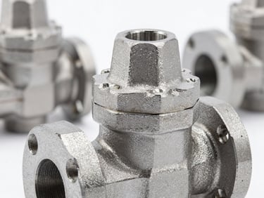 Macro shot of a forged steel valve flange, bright industrial studio lighting, sharp focus on metal finish.
