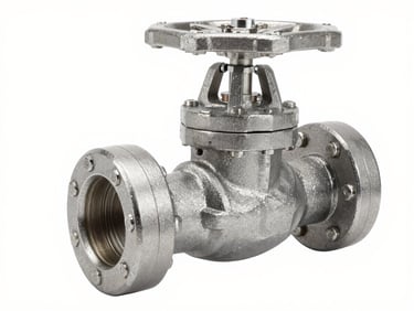 Close-up of a heavy forged steel gate valve, bright studio lighting, sharp focus on metal finish